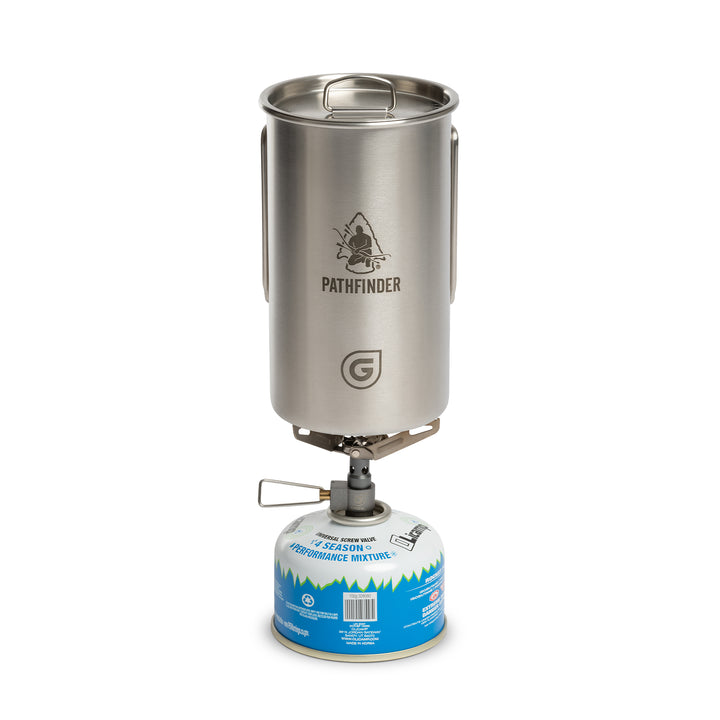 Pathfinder x GRAYL / 30 Ounce GeoPress Stainless Steel Nesting Cup and D-Ring Lid / Ultralight Titanium Stove / Front View